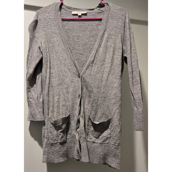 Loft Gray Cotton Blend Cardigan Sweater with Pockets - Casual Comfort‎ Layering - Picture 1 of 4